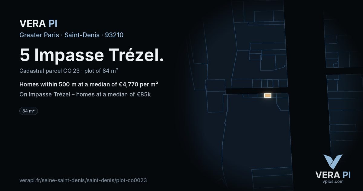 5 Impasse Trézel, Saint-Denis at night – the plot lit, the parcels around coloured by the prices near them