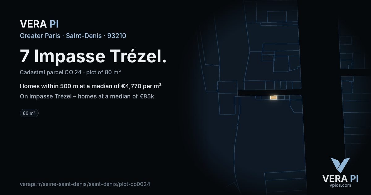 7 Impasse Trézel, Saint-Denis at night – the plot lit, the parcels around coloured by the prices near them