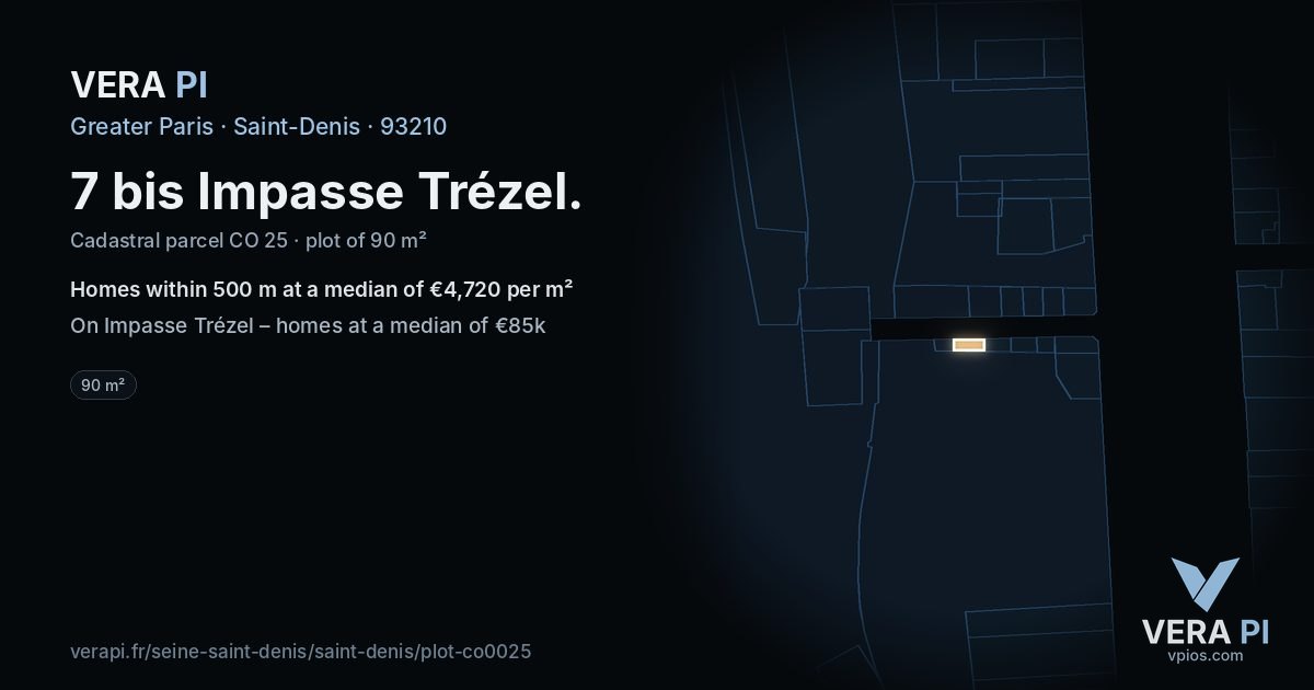 7 bis Impasse Trézel, Saint-Denis at night – the plot lit, the parcels around coloured by the prices near them
