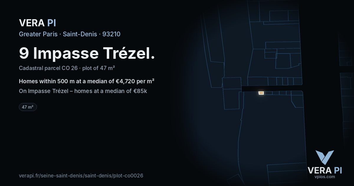 9 Impasse Trézel, Saint-Denis at night – the plot lit, the parcels around coloured by the prices near them