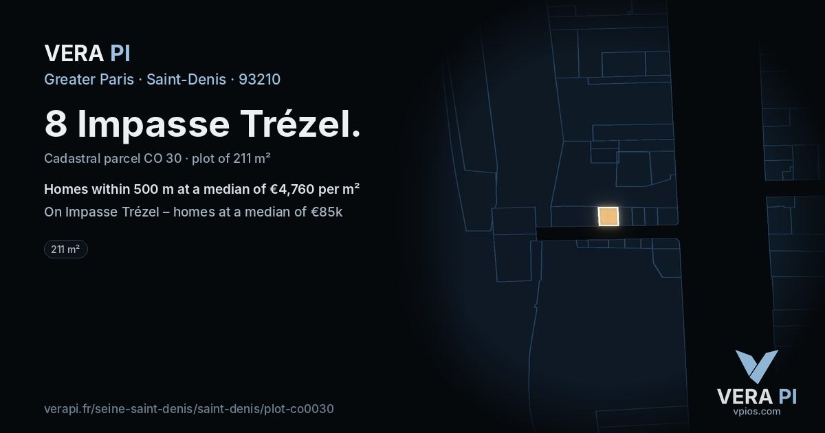 8 Impasse Trézel, Saint-Denis at night – the plot lit, the parcels around coloured by the prices near them