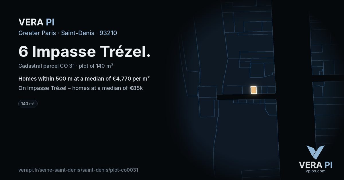 6 Impasse Trézel, Saint-Denis at night – the plot lit, the parcels around coloured by the prices near them