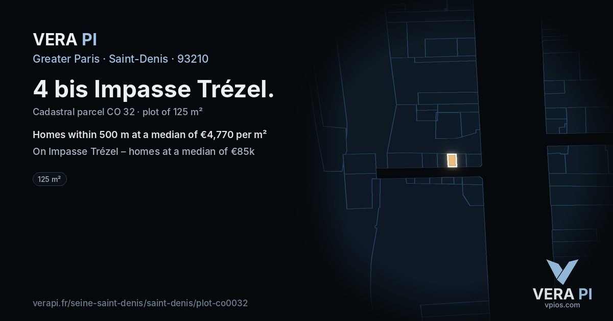 4 bis Impasse Trézel, Saint-Denis at night – the plot lit, the parcels around coloured by the prices near them