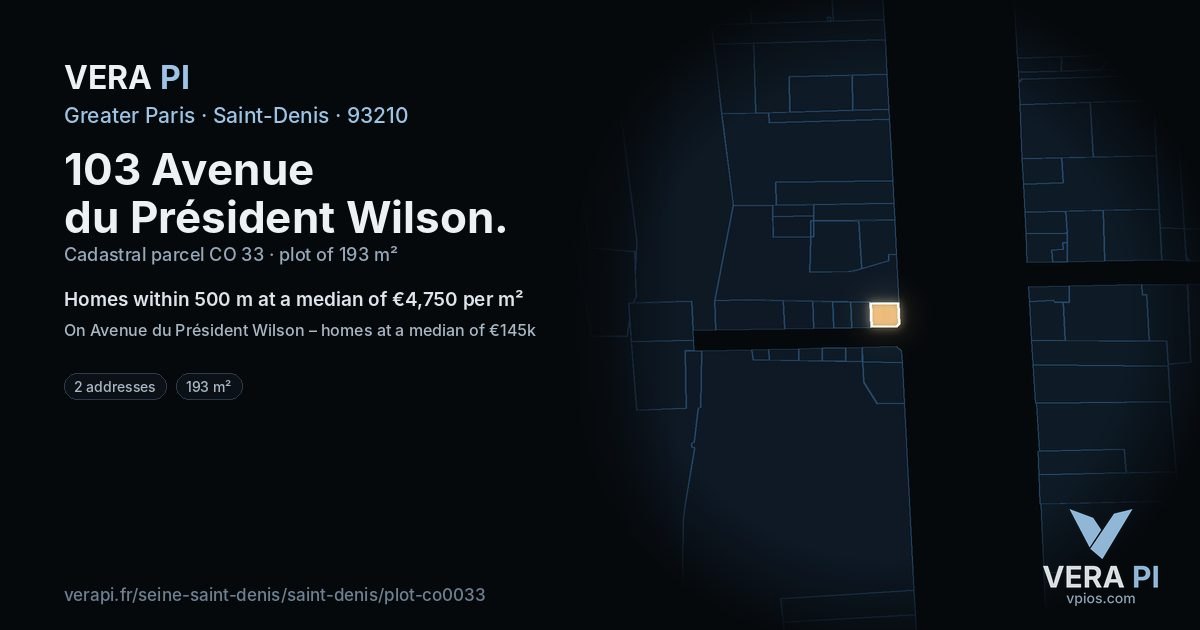 103 Avenue du Président Wilson, Saint-Denis at night – the plot lit, the parcels around coloured by the prices near them