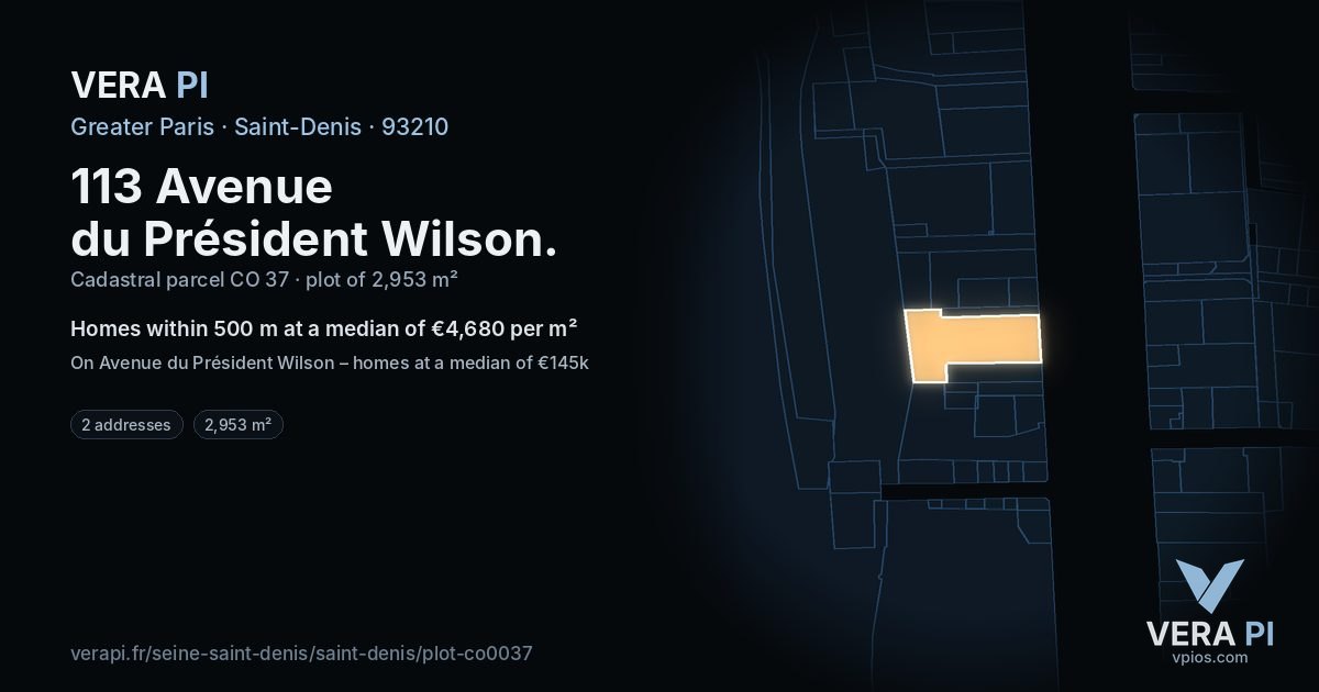 113 Avenue du Président Wilson, Saint-Denis at night – the plot lit, the parcels around coloured by the prices near them