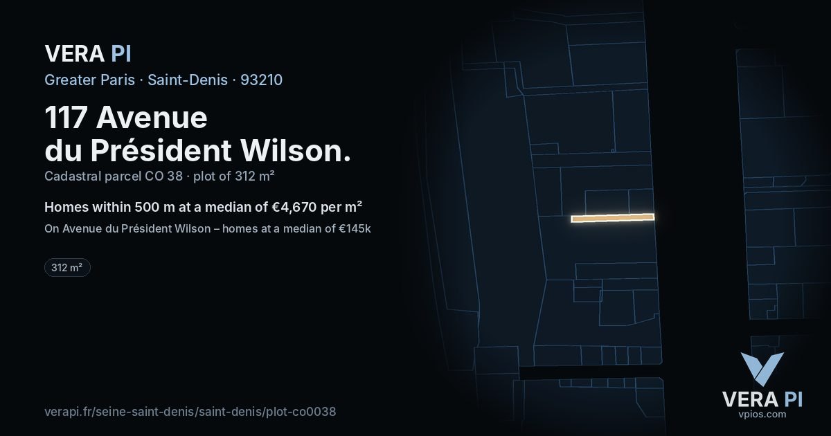117 Avenue du Président Wilson, Saint-Denis at night – the plot lit, the parcels around coloured by the prices near them