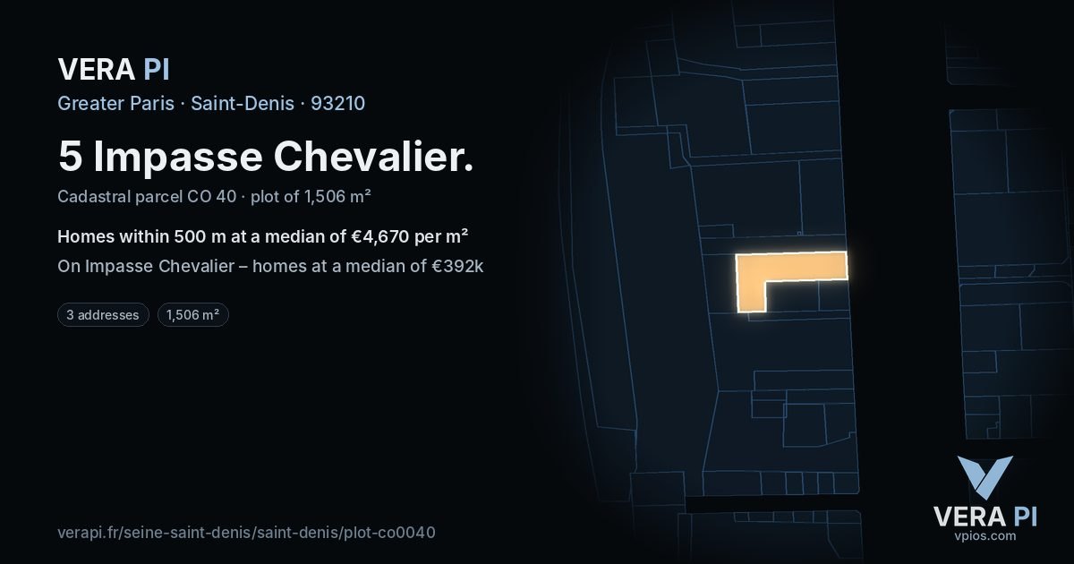 5 Impasse Chevalier, Saint-Denis at night – the plot lit, the parcels around coloured by the prices near them