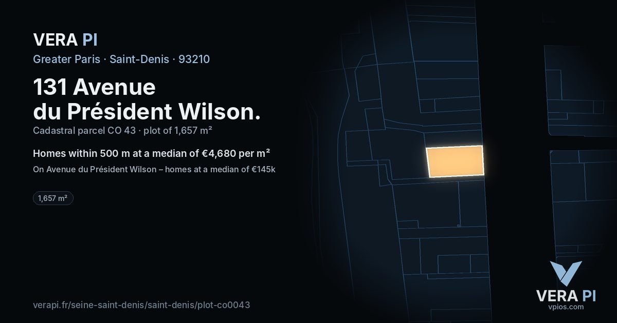 131 Avenue du Président Wilson, Saint-Denis at night – the plot lit, the parcels around coloured by the prices near them