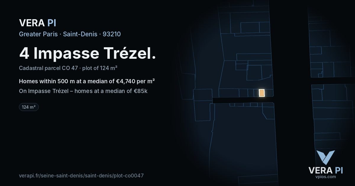 4 Impasse Trézel, Saint-Denis at night – the plot lit, the parcels around coloured by the prices near them