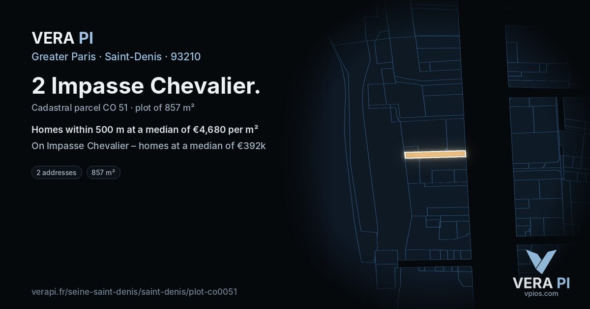 2 Impasse Chevalier, Saint-Denis at night – the plot lit, the parcels around coloured by the prices near them
