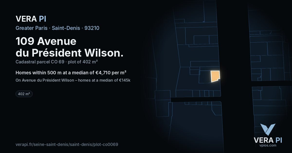 109 Avenue du Président Wilson, Saint-Denis at night – the plot lit, the parcels around coloured by the prices near them