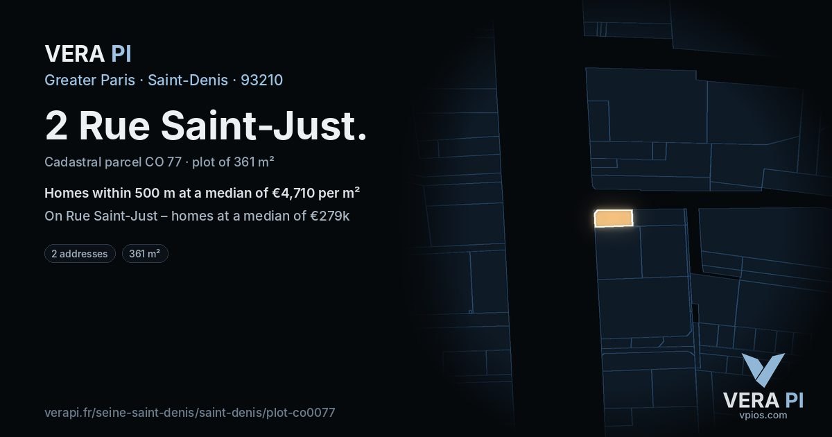 2 Rue Saint-Just, Saint-Denis at night – the plot lit, the parcels around coloured by the prices near them