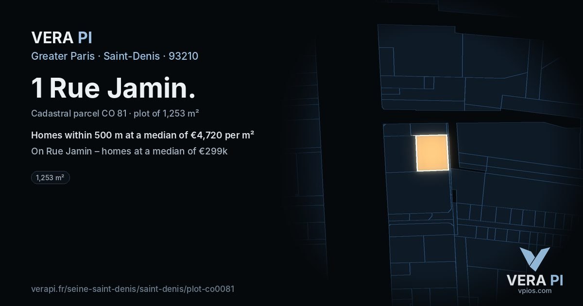 1 Rue Jamin, Saint-Denis at night – the plot lit, the parcels around coloured by the prices near them