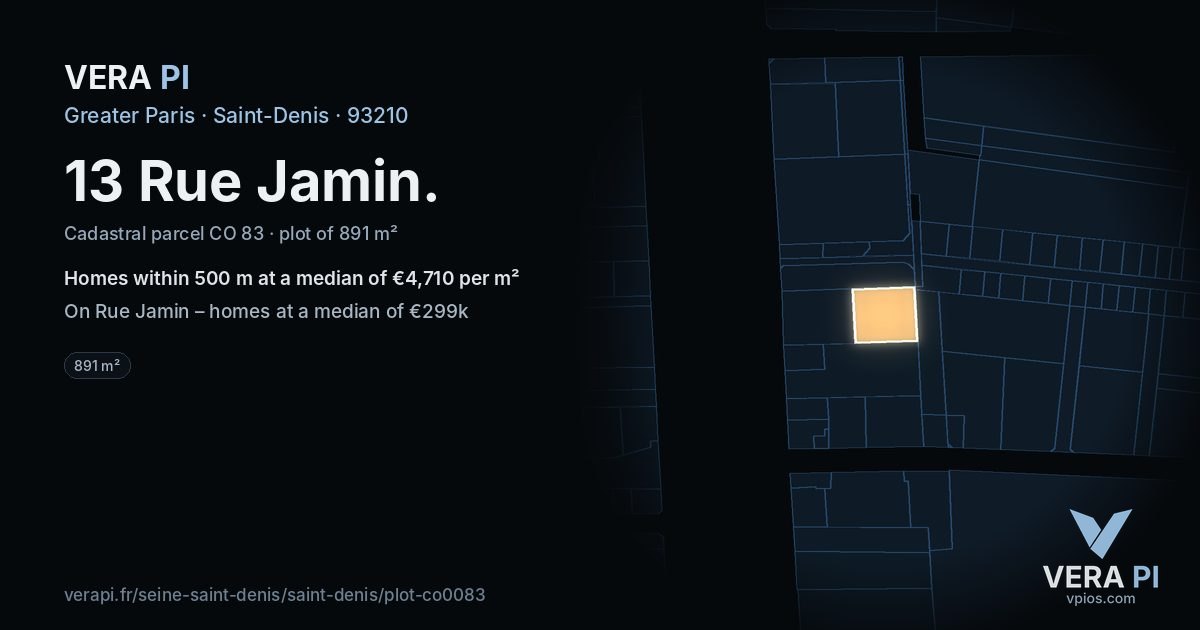 13 Rue Jamin, Saint-Denis at night – the plot lit, the parcels around coloured by the prices near them