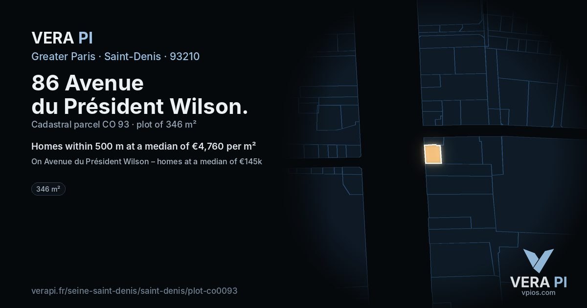 86 Avenue du Président Wilson, Saint-Denis at night – the plot lit, the parcels around coloured by the prices near them