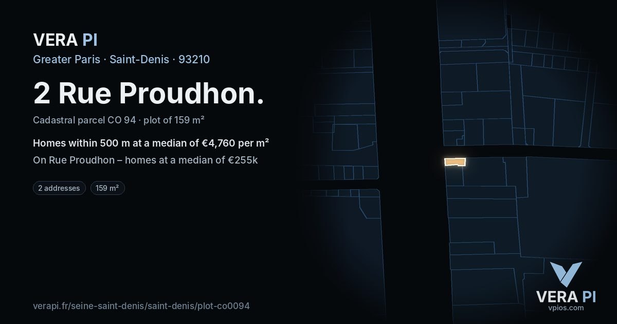 2 Rue Proudhon, Saint-Denis at night – the plot lit, the parcels around coloured by the prices near them