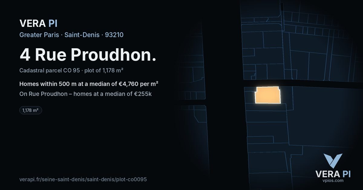 4 Rue Proudhon, Saint-Denis at night – the plot lit, the parcels around coloured by the prices near them