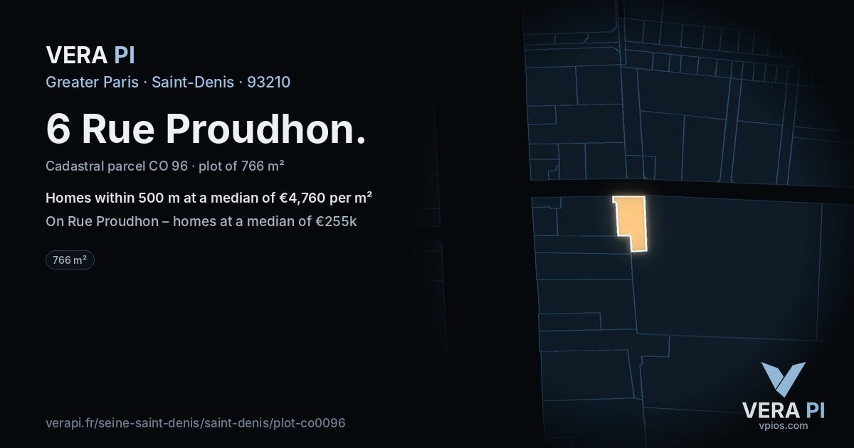 6 Rue Proudhon, Saint-Denis at night – the plot lit, the parcels around coloured by the prices near them