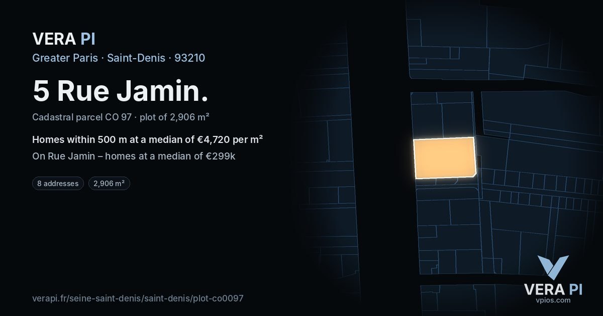 5 Rue Jamin, Saint-Denis at night – the plot lit, the parcels around coloured by the prices near them