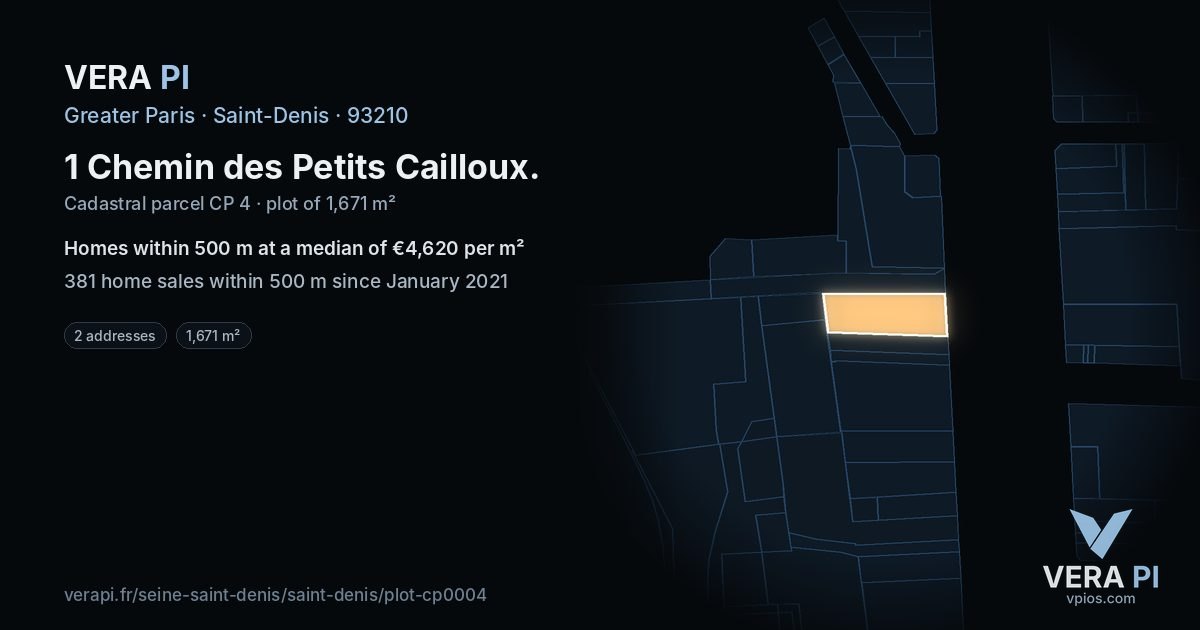 1 Chemin des Petits Cailloux, Saint-Denis at night – the plot lit, the parcels around coloured by the prices near them