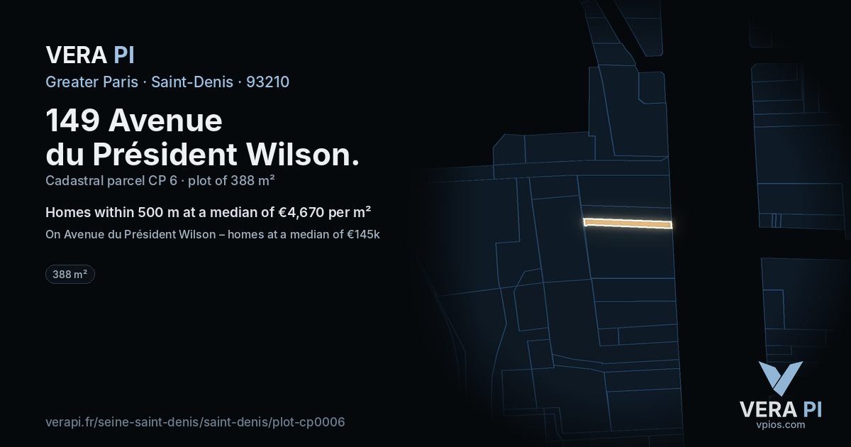 149 Avenue du Président Wilson, Saint-Denis at night – the plot lit, the parcels around coloured by the prices near them