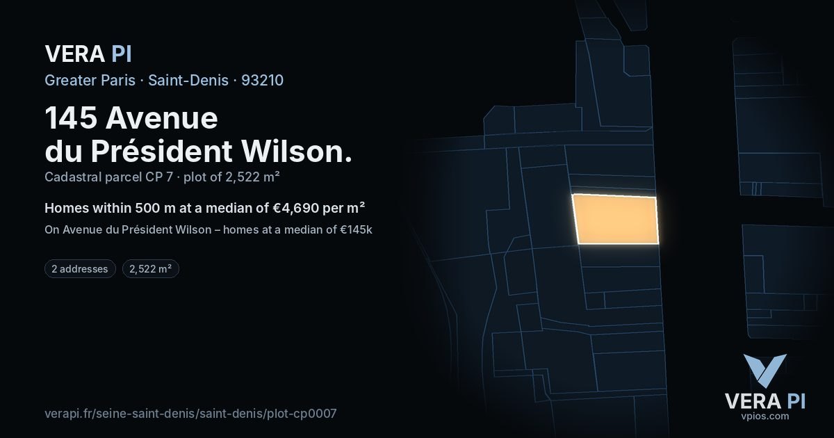 145 Avenue du Président Wilson, Saint-Denis at night – the plot lit, the parcels around coloured by the prices near them
