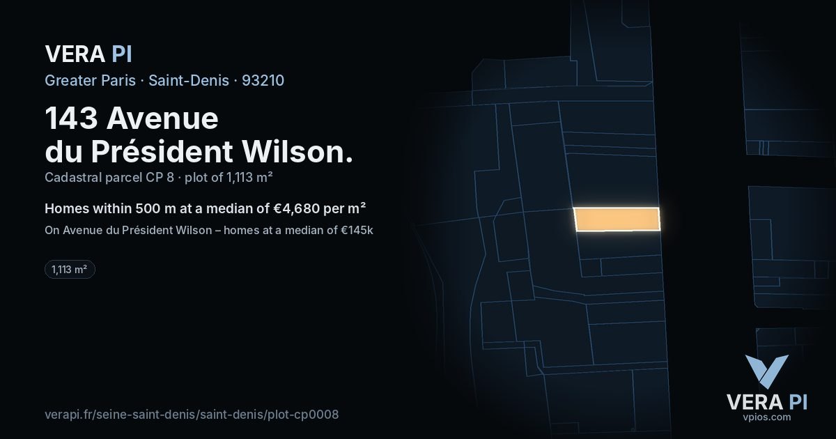 143 Avenue du Président Wilson, Saint-Denis at night – the plot lit, the parcels around coloured by the prices near them
