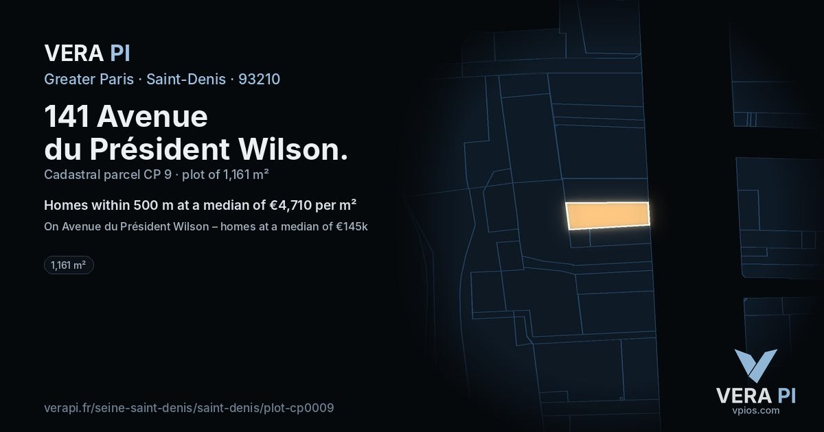 141 Avenue du Président Wilson, Saint-Denis at night – the plot lit, the parcels around coloured by the prices near them