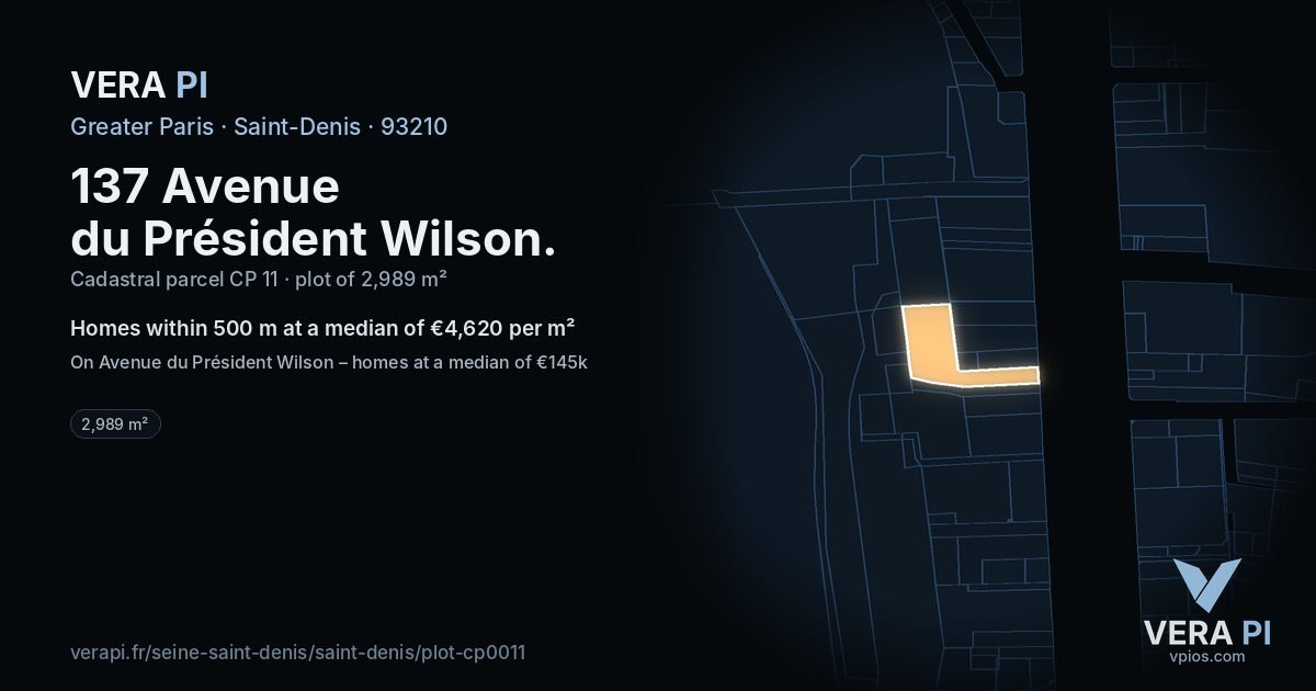 137 Avenue du Président Wilson, Saint-Denis at night – the plot lit, the parcels around coloured by the prices near them