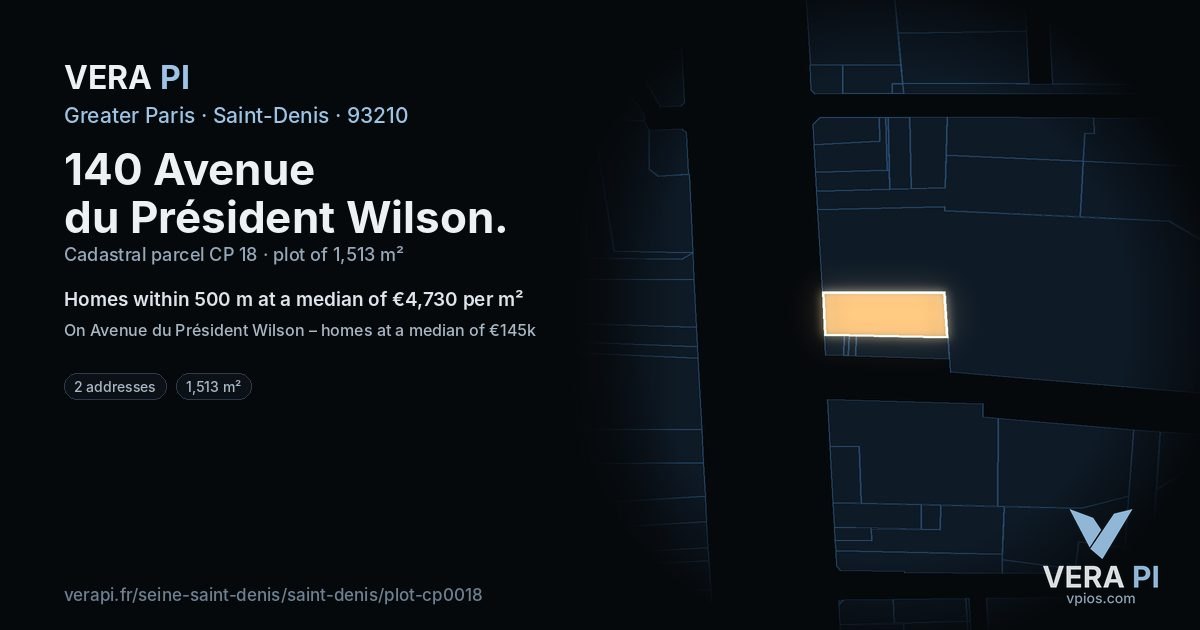140 Avenue du Président Wilson, Saint-Denis at night – the plot lit, the parcels around coloured by the prices near them