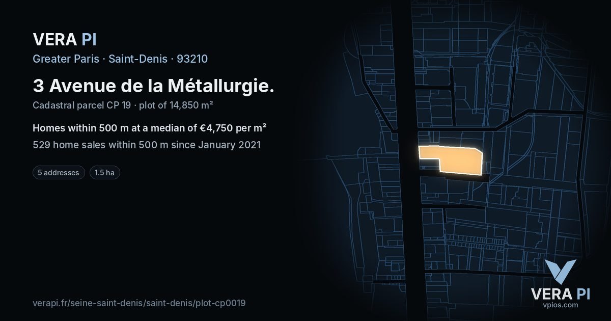 3 Avenue de la Métallurgie, Saint-Denis at night – the plot lit, the parcels around coloured by the prices near them