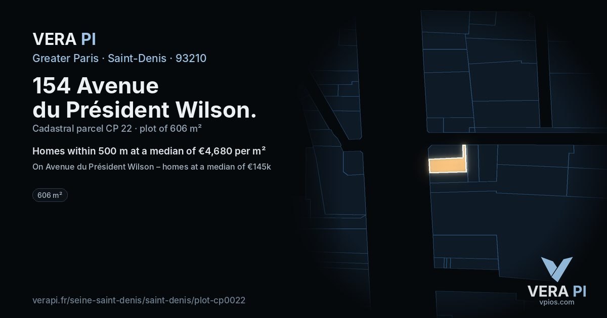 154 Avenue du Président Wilson, Saint-Denis at night – the plot lit, the parcels around coloured by the prices near them