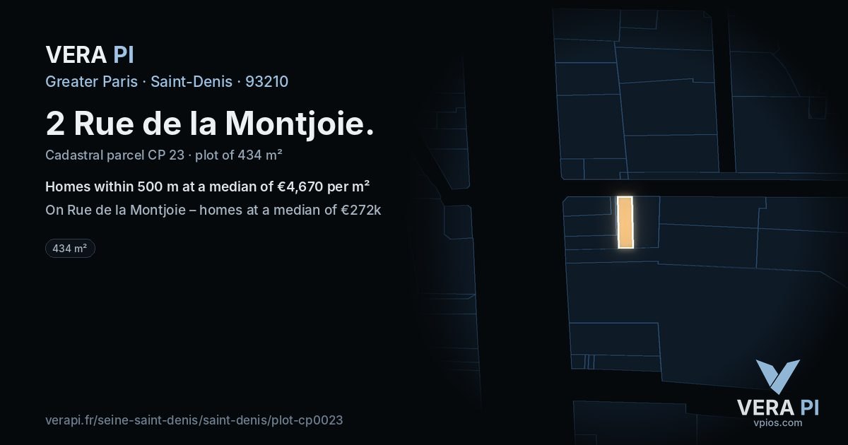 2 Rue de la Montjoie, Saint-Denis at night – the plot lit, the parcels around coloured by the prices near them