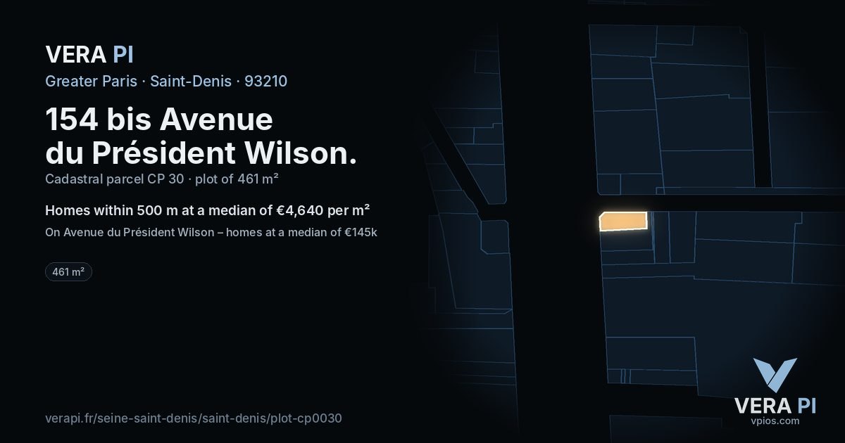 154 bis Avenue du Président Wilson, Saint-Denis at night – the plot lit, the parcels around coloured by the prices near them