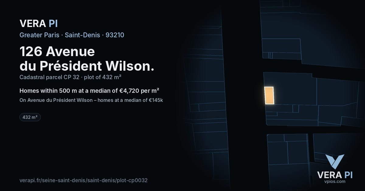 126 Avenue du Président Wilson, Saint-Denis at night – the plot lit, the parcels around coloured by the prices near them