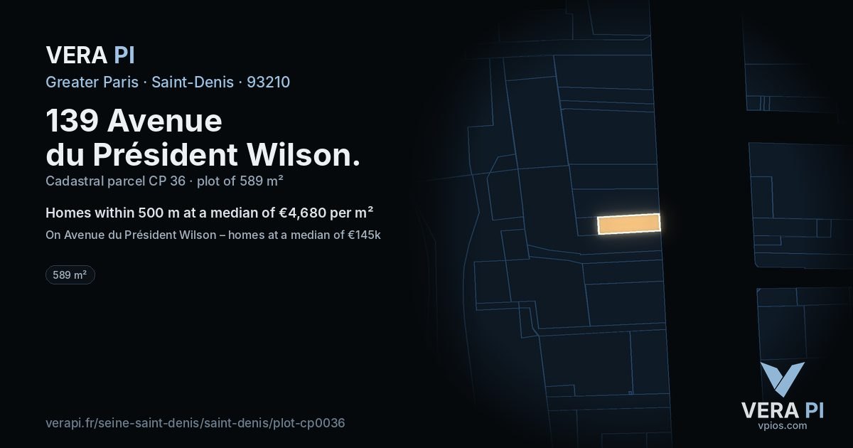 139 Avenue du Président Wilson, Saint-Denis at night – the plot lit, the parcels around coloured by the prices near them