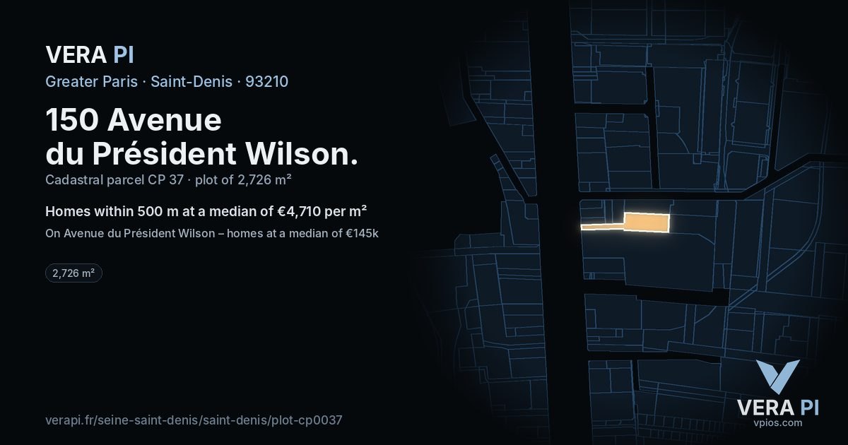 150 Avenue du Président Wilson, Saint-Denis at night – the plot lit, the parcels around coloured by the prices near them