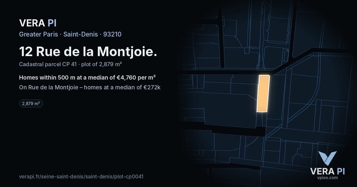 12 Rue de la Montjoie, Saint-Denis at night – the plot lit, the parcels around coloured by the prices near them