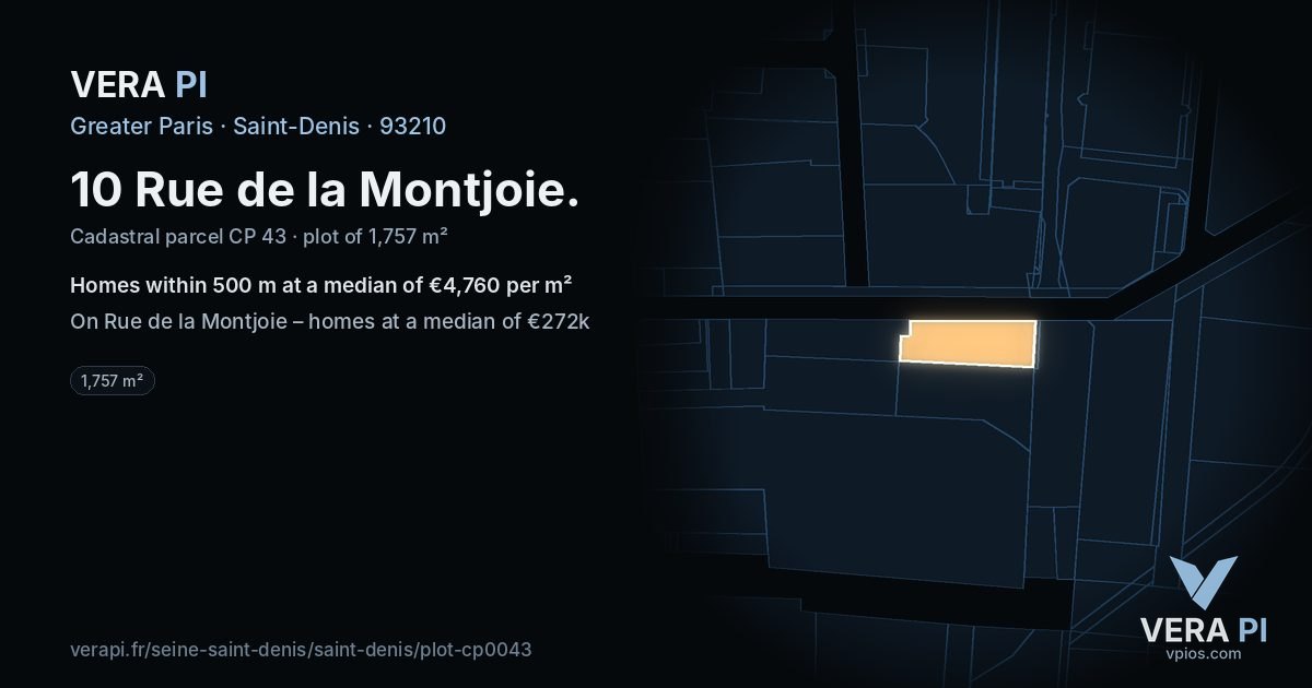 10 Rue de la Montjoie, Saint-Denis at night – the plot lit, the parcels around coloured by the prices near them