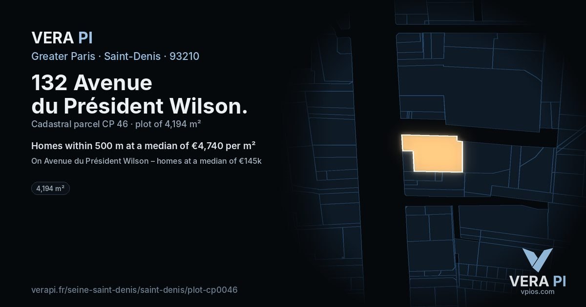 132 Avenue du Président Wilson, Saint-Denis at night – the plot lit, the parcels around coloured by the prices near them
