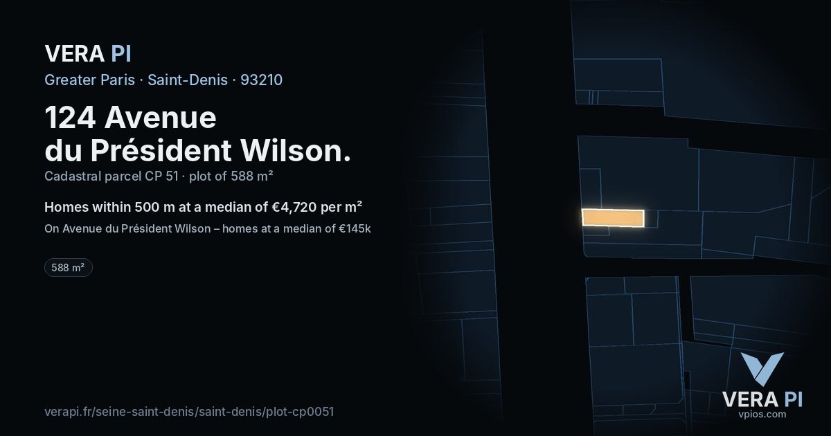 124 Avenue du Président Wilson, Saint-Denis at night – the plot lit, the parcels around coloured by the prices near them