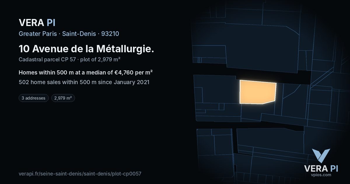 10 Avenue de la Métallurgie, Saint-Denis at night – the plot lit, the parcels around coloured by the prices near them