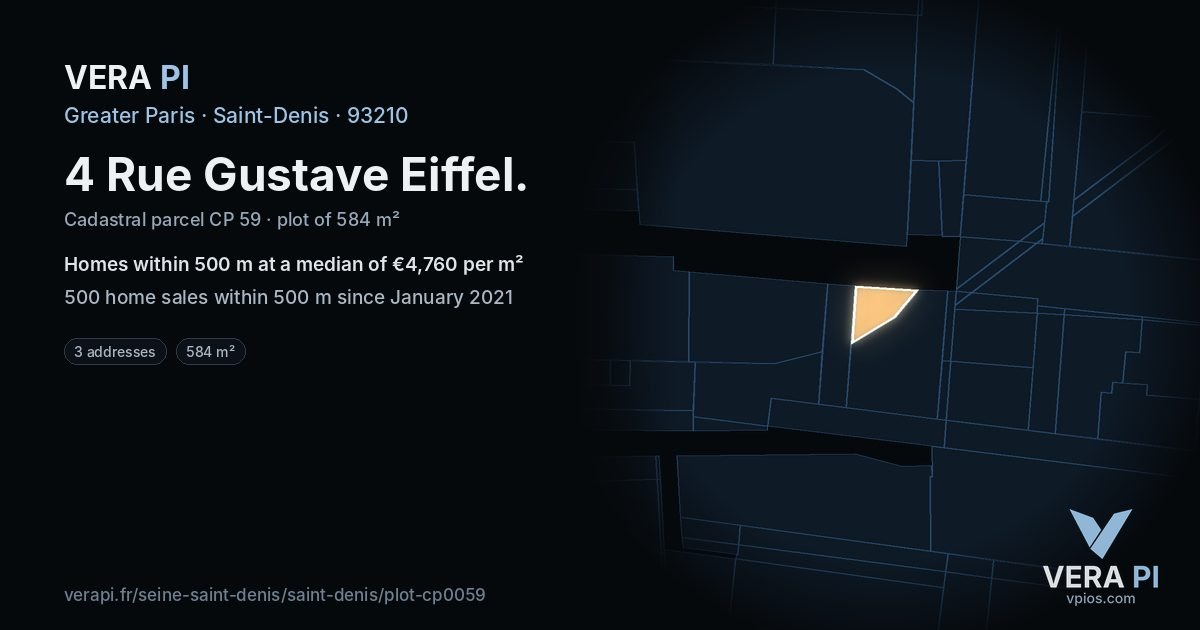 4 Rue Gustave Eiffel, Saint-Denis at night – the plot lit, the parcels around coloured by the prices near them