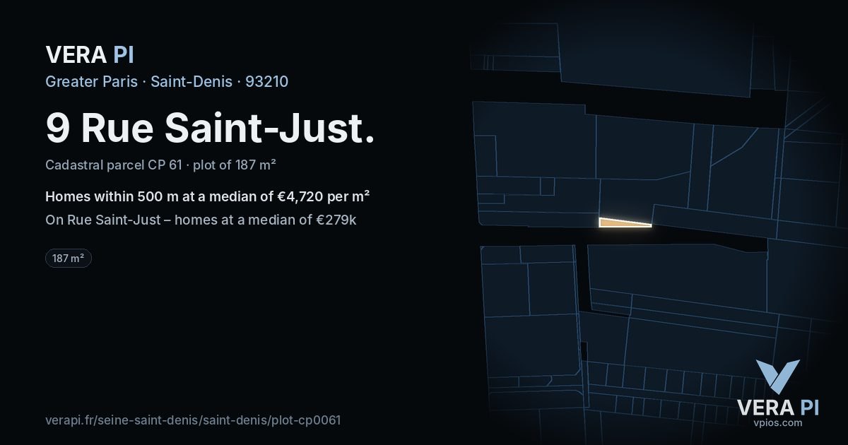9 Rue Saint-Just, Saint-Denis at night – the plot lit, the parcels around coloured by the prices near them