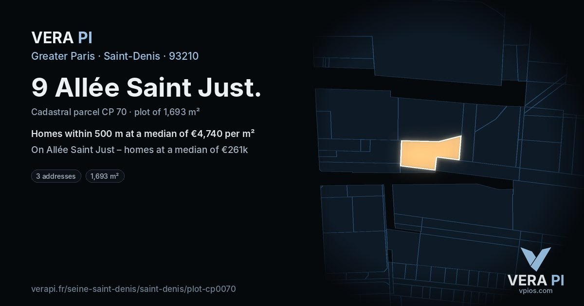 9 Allée Saint Just, Saint-Denis at night – the plot lit, the parcels around coloured by the prices near them