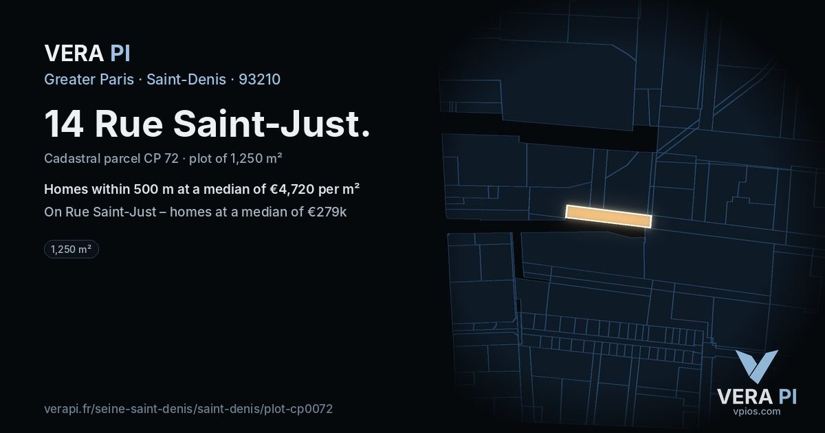 14 Rue Saint-Just, Saint-Denis at night – the plot lit, the parcels around coloured by the prices near them