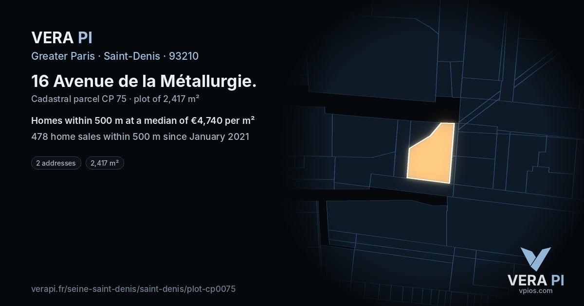 16 Avenue de la Métallurgie, Saint-Denis at night – the plot lit, the parcels around coloured by the prices near them