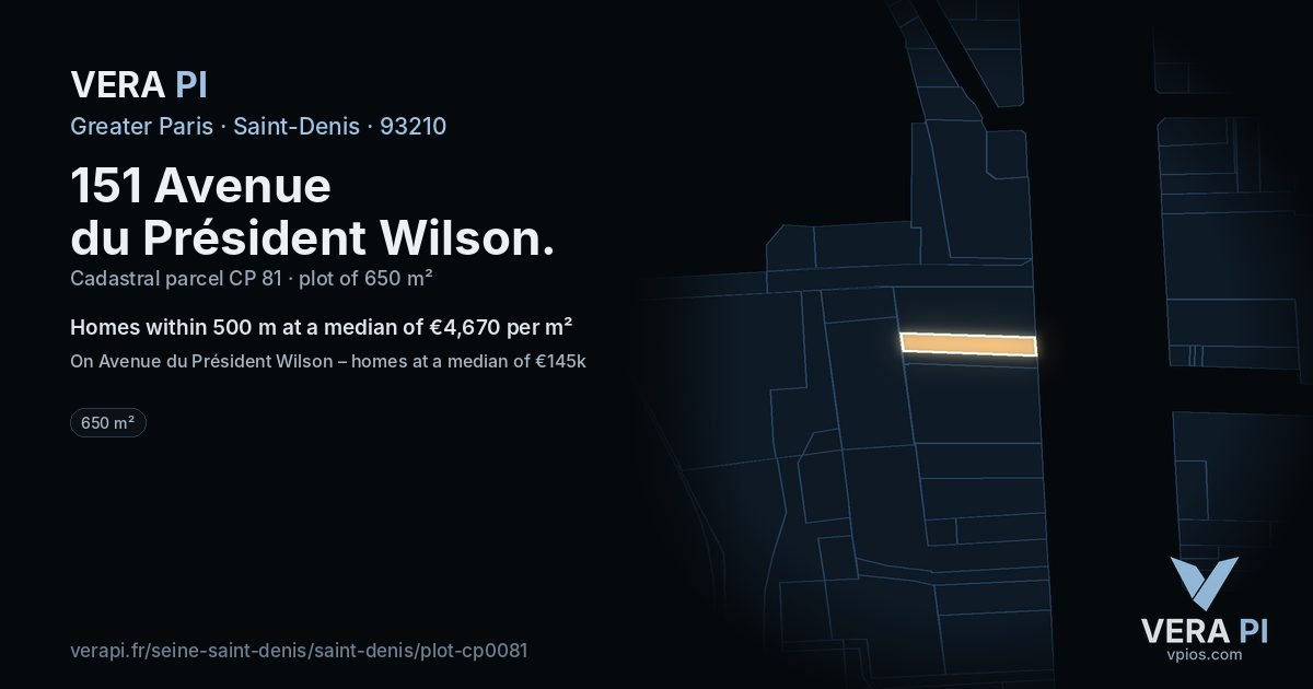 151 Avenue du Président Wilson, Saint-Denis at night – the plot lit, the parcels around coloured by the prices near them