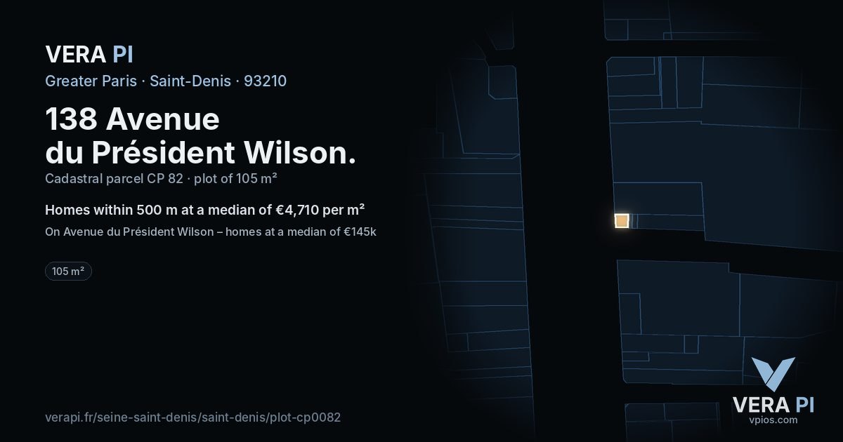 138 Avenue du Président Wilson, Saint-Denis at night – the plot lit, the parcels around coloured by the prices near them
