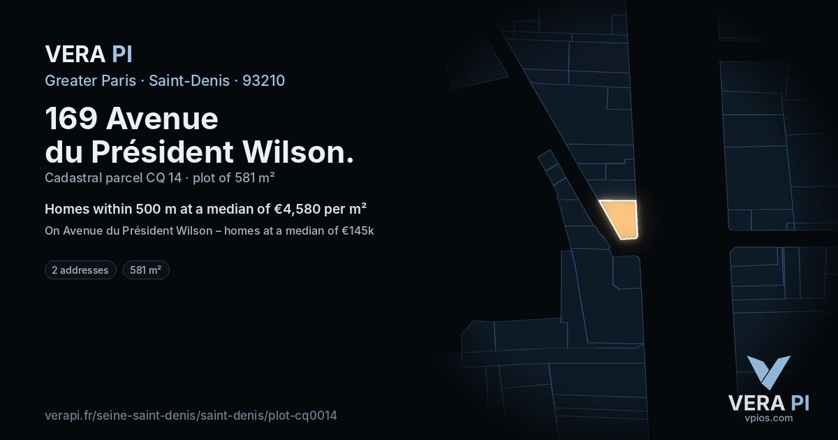 169 Avenue du Président Wilson, Saint-Denis at night – the plot lit, the parcels around coloured by the prices near them
